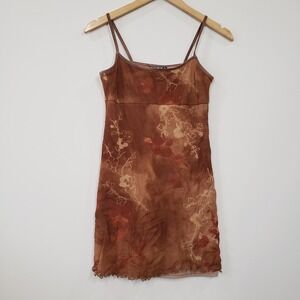City Triangles Mesh Mini Dress Womens Medium Brown Floral Y2K 90s Lettuce Hem